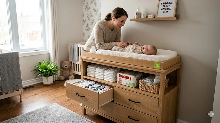 A modern wooden changing table with storage drawers and open shelving, styled in a contemporary Canadian nursery.