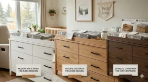 Visual palette showing the changing table dresser combo in popular Canadian finishes like white, espresso, and driftwood grey.