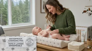 Illustration of a minimalist Canadian nursery featuring a neutral-toned waterproof changing pad atop a dresser.