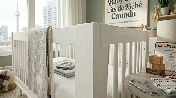 Alt text for image 1: A photorealistic white baby crib in a bright Toronto condo nursery with a view of the CN Tower and a maple leaf blanket. baby cribs Canada