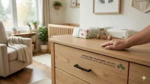 Illustration highlighting the use of non-toxic finishes and sustainable wood on a Canadian-market changing dresser.