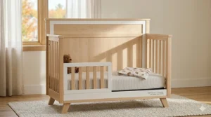 Illustration showing the daybed configuration of a 4-in-1 convertible crib, ideal for a Canadian playroom or bedroom.