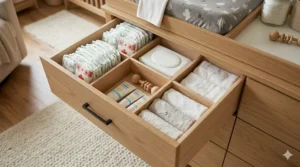 Top-down illustration of deep drawers in a changing table dresser filled with organized baby essentials and diapers.