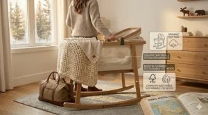 An illustration of a rocking bassinet made from sustainable wood and organic cotton for eco-conscious Canadian families.