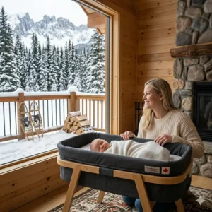 Lightweight travel bassinet for newborn with a protective canopy used at a Canadian airport terminal during summer travels.