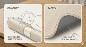 A detailed illustration highlighting the cushioned edges and slip-resistant backing of a waterproof changing pad for infant safety.