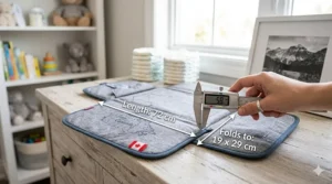 Size guide illustration showing the portable changing pad for travel dimensions in centimeters for Canadian shoppers.