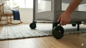 Illustration of rubberized wheels on a portable crib moving smoothly from hardwood floors to area rugs.