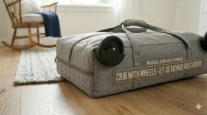 Illustration of a portable crib with wheels featuring bilingual English and French safety labeling for the Canadian market.