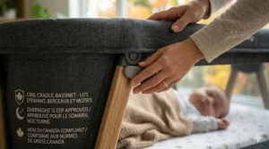 Close-up of a travel bassinet for newborn being folded into a compact carrying bag for easy transport during family travel.