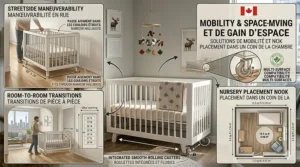 A lifestyle illustration of a mini crib on wheels being moved through a narrow hallway in a Montreal townhouse.