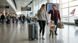 A parent navigating a Canadian airport with a travel crib that fits in a suitcase, ideal for stress-free air travel.