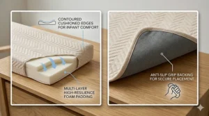 A premium waterproof changing pad laid out on a wooden table in a sunlit Canadian nursery, showing a durable, easy-clean surface.