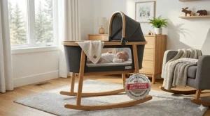 An illustration showing a rocking bassinet with a Health Canada safety certification seal.