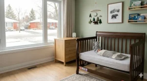 A newborn sleeping safely in a crib using a TOG-rated sleep sack, perfect for maintaining warmth during cold Canadian winters without loose blankets.