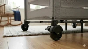 Close-up illustration of secure locking mechanisms on portable crib wheels meeting Health Canada safety standards.