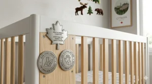 Graphic highlighting safety standards and non-toxic finishes for a budget-friendly convertible crib sold in Canada.