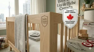Alt text for image 3: High-detail view of a solid oak baby crib showcasing natural wood grain and sturdy construction for Canadian nurseries.