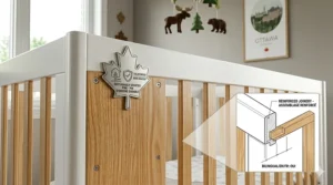 Detailed illustration of the solid wood grain and sturdy slats of a 3-in-1 convertible crib under $300.