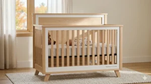 A 4-in-1 convertible crib transitioned into a toddler bed with a safety guardrail for a growing child.