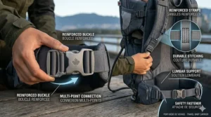 Close-up illustration of reinforced safety buckles and adjustable straps on a high-quality travel baby carrier.