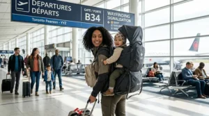 Illustration of a parent easily navigating Toronto Pearson Airport using a hands-free travel baby carrier for boarding.