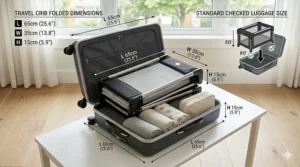 Diagram showing how a lightweight travel crib fits in a suitcase to meet WestJet and Air Canada carry-on or checked standards.