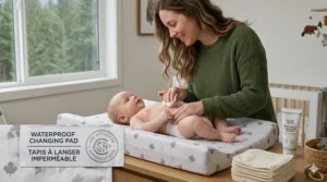 An illustration of a foldable waterproof changing pad being used on a park bench during a family hike in the Canadian Rockies.