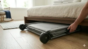 Illustration of a slim-fold portable crib with wheels being stored under a bed to save space in an urban condo.