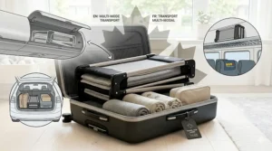 Versatile baby gear showing a travel crib that fits in a suitcase for train, car, and air travel across Canada.