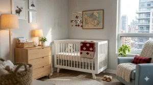 A cozy illustration of a mini crib tucked into a small bedroom nook with a Canadian maple leaf patterned blanket.