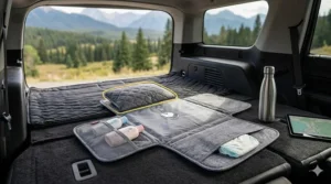 A waterproof portable changing pad for travel showing a built-in pillow for baby's comfort during long road trips.