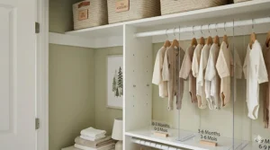 Illustration of an adjustable double-hanging rod system for a nursery closet to maximize vertical space as a child grows.