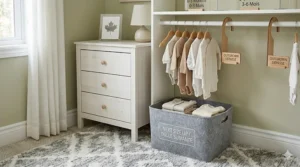 A labeled textile bin on a closet floor intended for outgrown clothes, a key nursery closet organization idea for busy parents.