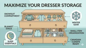 Spacious storage drawers in a baby dresser organized with infant winter clothing and heavy blankets.