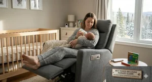 Illustration of a power-reclining nursery glider with a built-in USB port for convenient late-night feedings.
