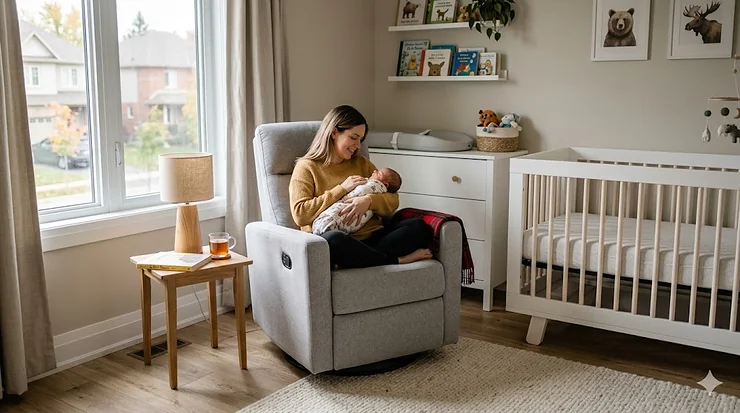 A Canadian mother comforting her newborn baby in a modern gray swivel glider recliner nursery chair next to a crib.