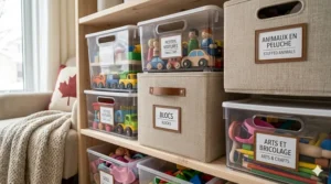 Clear toy storage bins with bilingual labels in English and French, perfect for Canadian households teaching kids organization in both official languages.