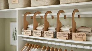 Close-up of wooden closet rod dividers showing baby clothing sizes in both English and French, such as "0-3 Months" and "0-3 Mois."