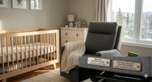 Diagram showing a premium nursery glider (fauteuil berçant) with ergonomic lumbar support for Canadian parents.