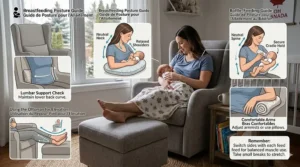 Illustration demonstrating proper breastfeeding posture and leg elevation using a nursing chair with ottoman.