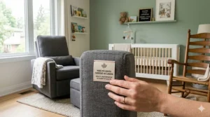A nursery chair featuring a Made in Canada (Fait au Canada) tag, highlighting local craftsmanship.