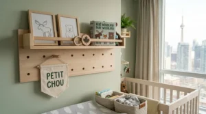 Canadian woodland themed nursery wall art hanging above eco-friendly nursery furniture for a small room.