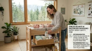 Top-down view of a changing table setup showing organized storage within arm's reach for maximum infant safety.