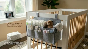 Diagram showing reinforced shelving and heavy-duty material preventing the hanging diaper caddy from sagging when full.