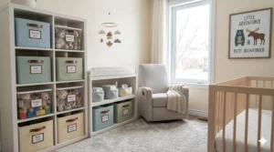 A variety of colorful and multi-sized toy storage bins arranged in a dedicated playroom to house building blocks and craft supplies.