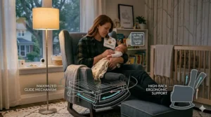 Illustration of a tall mother breastfeeding comfortably at night in a supportive nursery rocker glider with neck support.