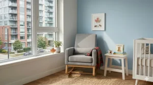 Illustration of a compact glider nursery chair for small spaces, showcasing a slim design ideal for urban condos.