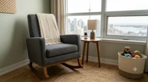 Close-up view of a dark grey upholstered rocking chair in a small Canadian nursery corner, featuring a cable-knit throw blanket and the Toronto skyline with CN Tower in the background.
