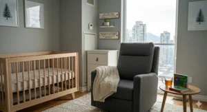 A space-saving nursery glider recliner designed for urban Canadian nurseries and apartment living.